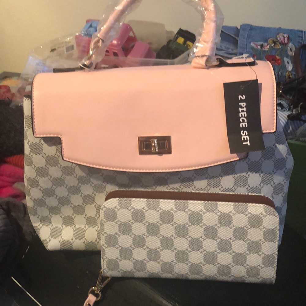 Pink and gray satchel purse and wallet to match
